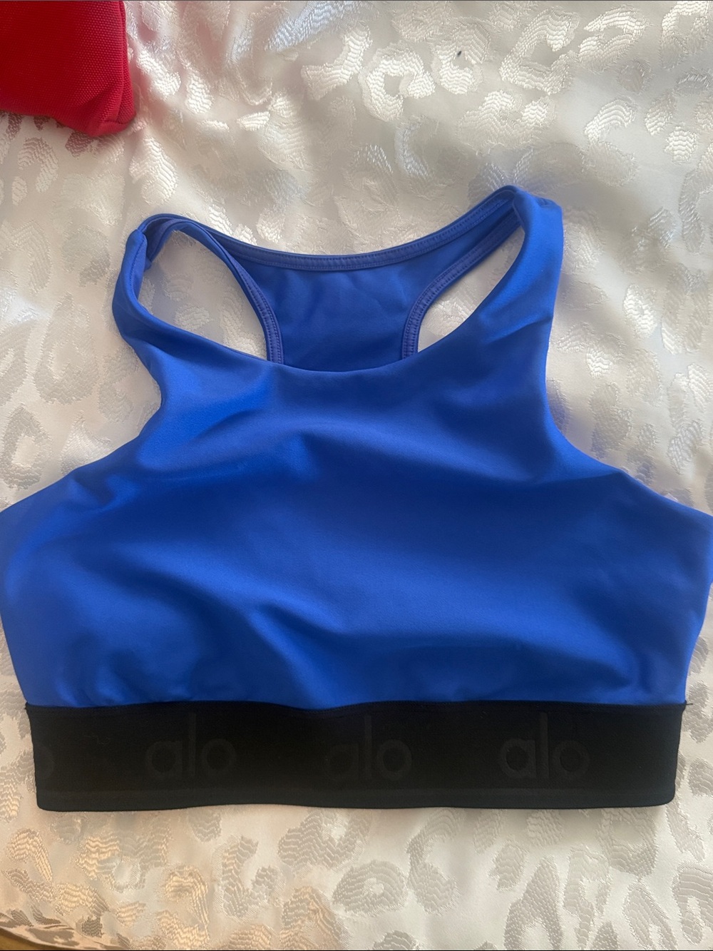 ALO Yoga High-Neck Sports Bra in Royal Blue with Black Band